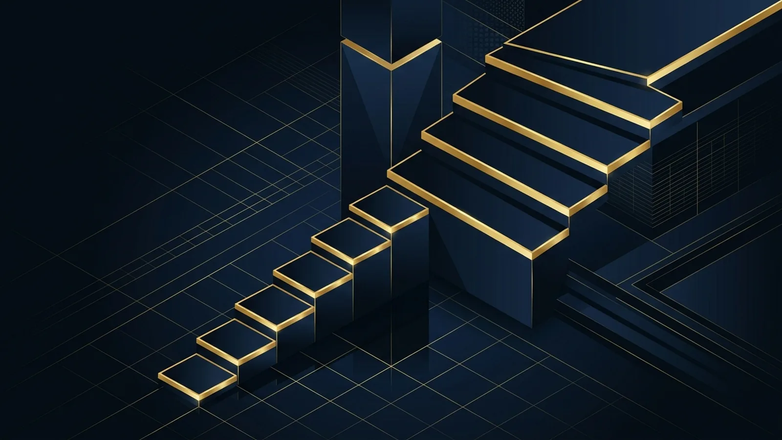 Abstract isometric rate ladder with stepped geometric platforms and gold accents on navy grid