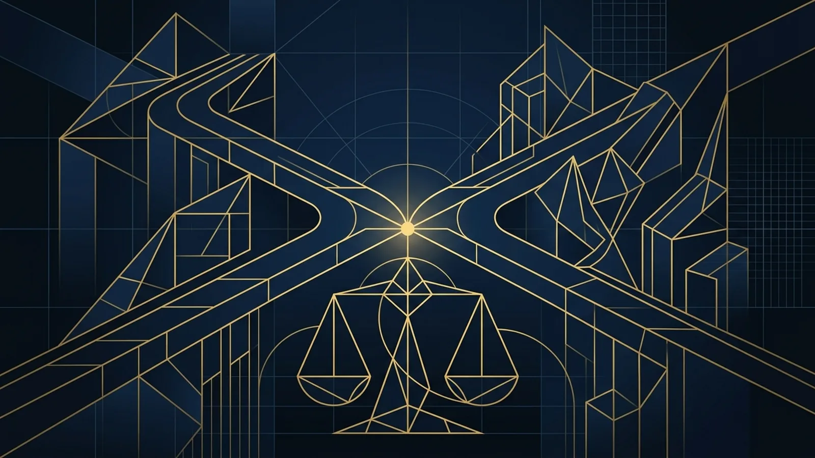 Abstract geometric illustration of dual divergent pathways and a stylized balance scale in gold and deep navy