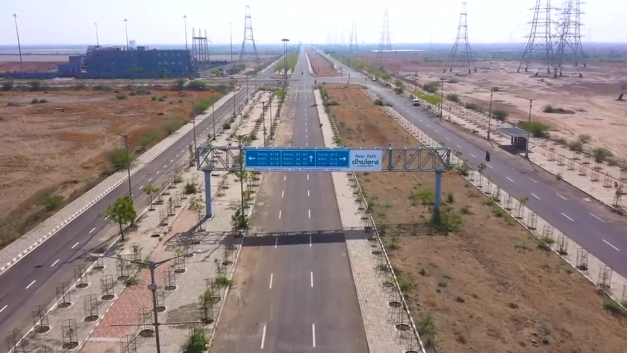 Aerial view of completed roads and utility infrastructure in the Dholera SIR Activation Area